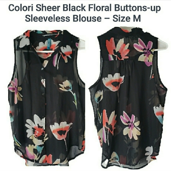 Colori Sheer Black Floral Button-Up Sleeveless Blouse – Size M - Picture 1 of 3